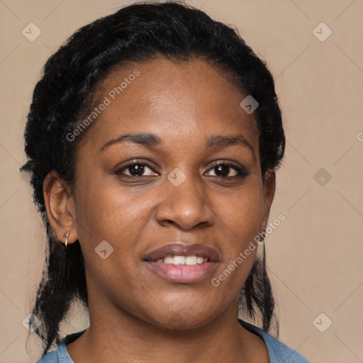Joyful black young-adult female with medium  black hair and brown eyes