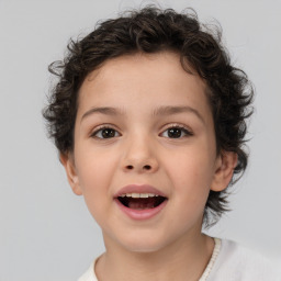 Joyful white child female with short  brown hair and brown eyes