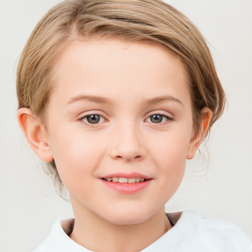 Joyful white child female with medium  brown hair and blue eyes