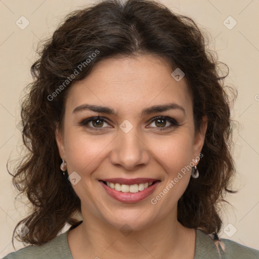 Joyful white young-adult female with medium  brown hair and green eyes