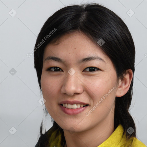 Joyful asian young-adult female with medium  brown hair and brown eyes