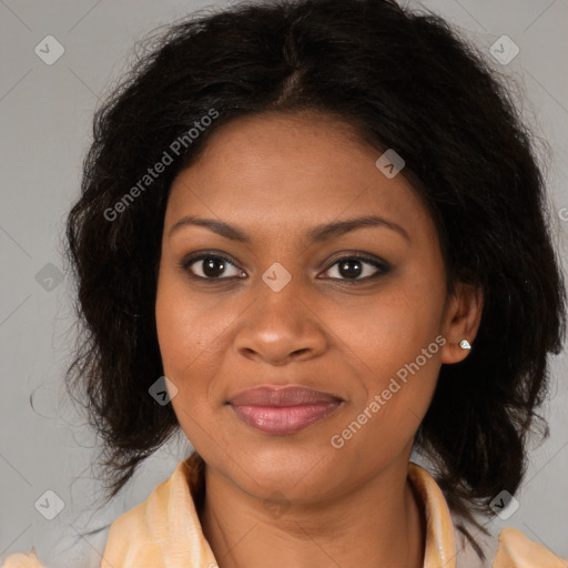 Joyful black young-adult female with medium  brown hair and brown eyes