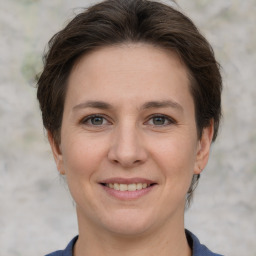 Joyful white adult female with medium  brown hair and grey eyes