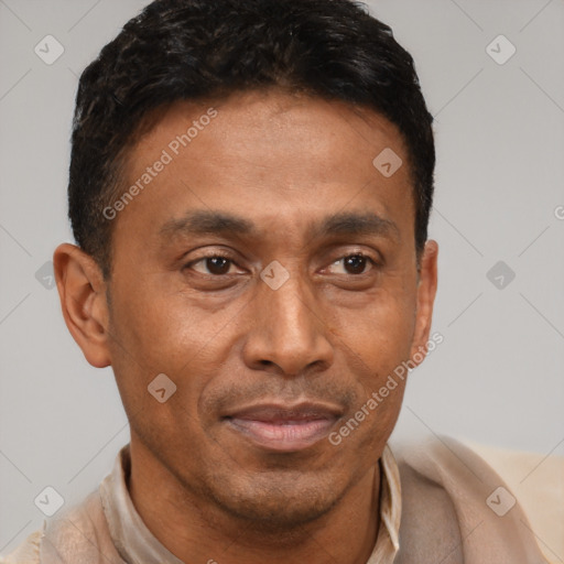 Joyful latino adult male with short  brown hair and brown eyes