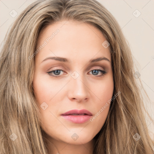 Joyful white young-adult female with long  brown hair and green eyes