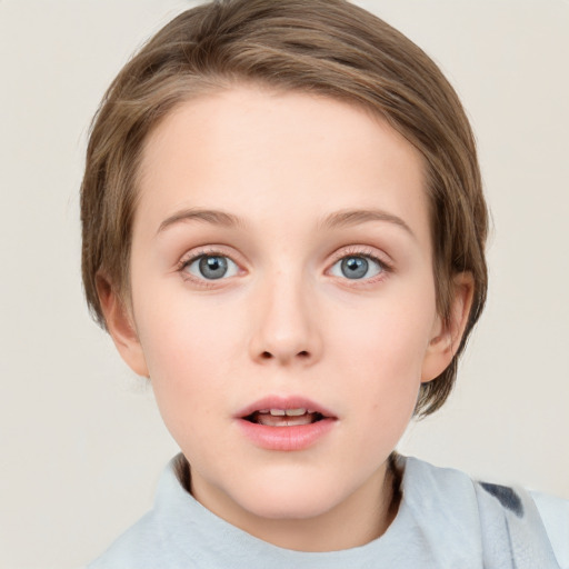 Neutral white child female with medium  brown hair and blue eyes