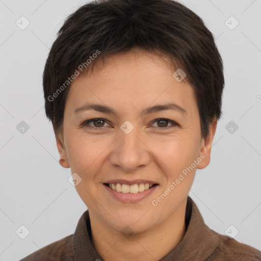 Joyful white adult female with short  brown hair and brown eyes