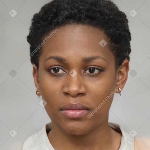 Neutral black young-adult female with short  brown hair and brown eyes