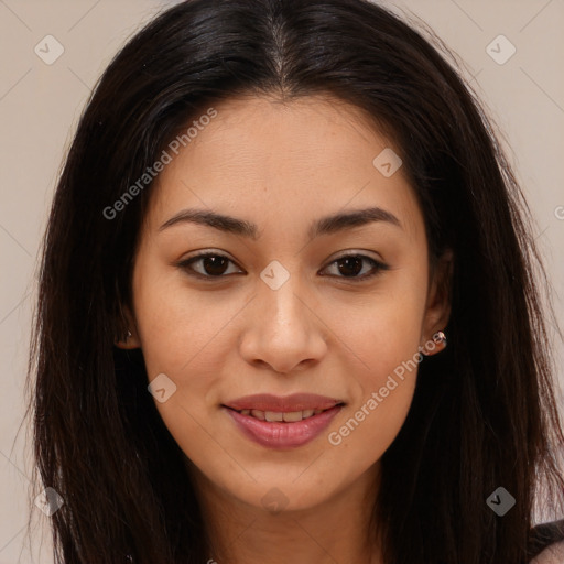 Joyful asian young-adult female with long  brown hair and brown eyes