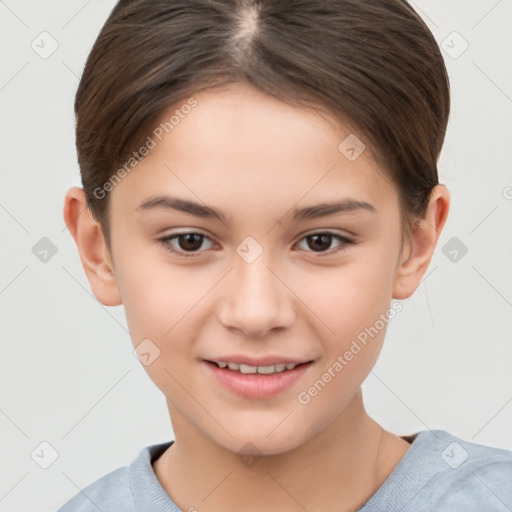 Joyful white child female with short  brown hair and brown eyes