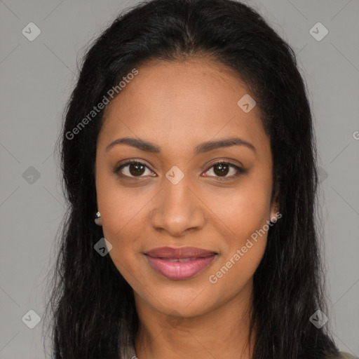 Joyful latino young-adult female with long  brown hair and brown eyes