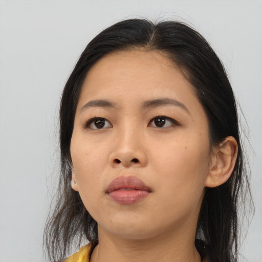 Neutral asian young-adult female with long  black hair and brown eyes