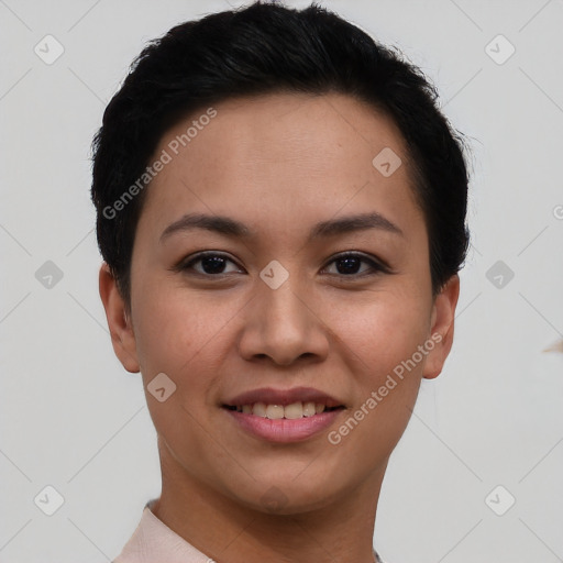 Joyful asian young-adult female with short  brown hair and brown eyes