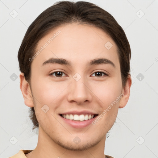 Joyful white young-adult female with short  brown hair and brown eyes