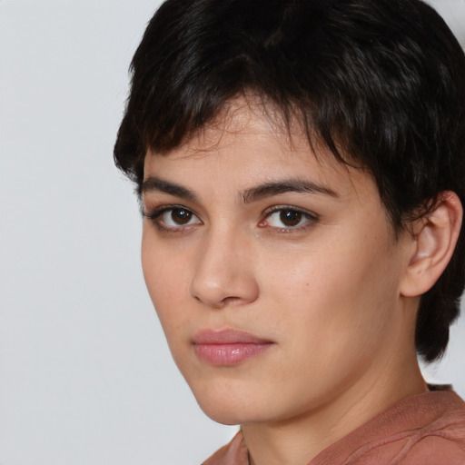 Neutral white young-adult female with short  brown hair and brown eyes