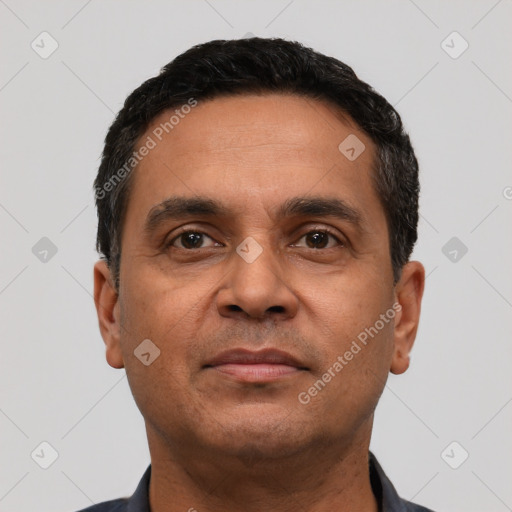 Neutral white adult male with short  black hair and brown eyes