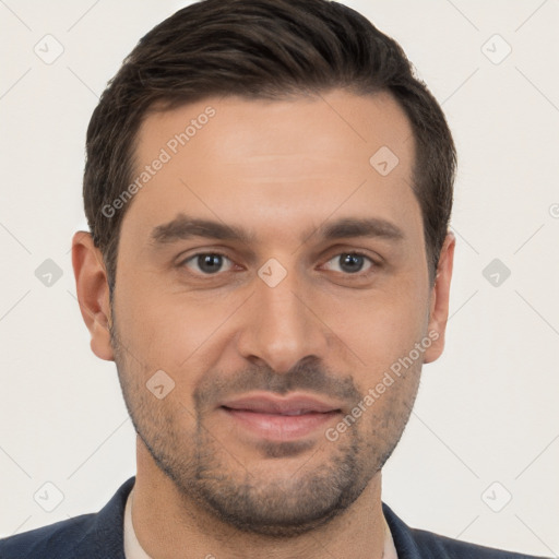 Joyful white young-adult male with short  brown hair and brown eyes