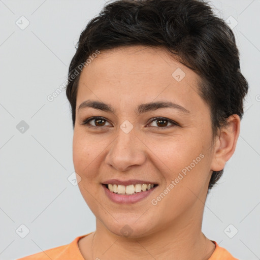 Joyful white young-adult female with short  brown hair and brown eyes