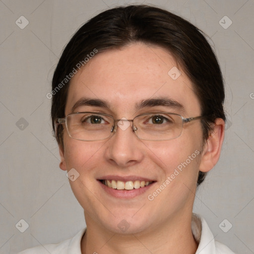 Joyful white adult female with short  brown hair and brown eyes