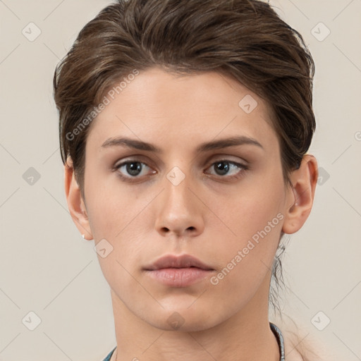 Neutral white young-adult female with short  brown hair and brown eyes