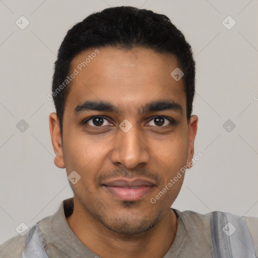 Joyful latino young-adult male with short  black hair and brown eyes