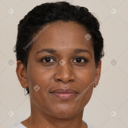 Joyful black adult female with short  brown hair and brown eyes