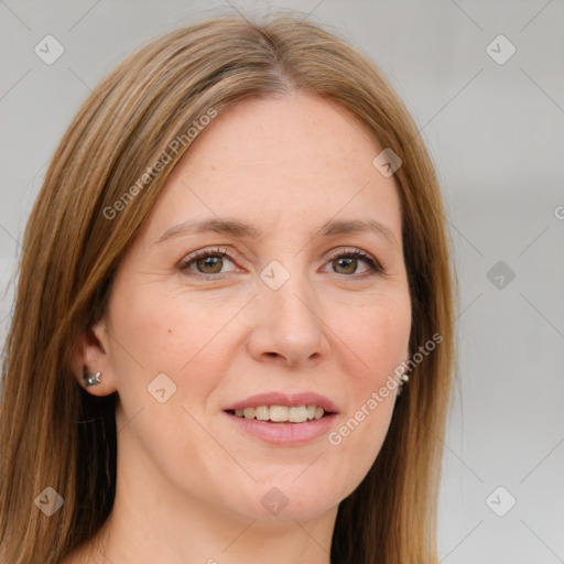 Joyful white young-adult female with long  brown hair and grey eyes