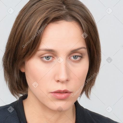 Neutral white young-adult female with medium  brown hair and grey eyes