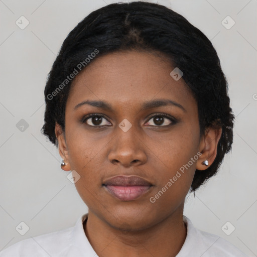 Neutral black young-adult female with short  black hair and brown eyes