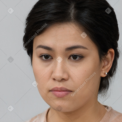 Neutral white young-adult female with medium  brown hair and brown eyes