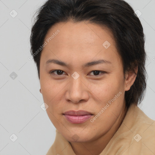 Joyful asian adult female with medium  brown hair and brown eyes