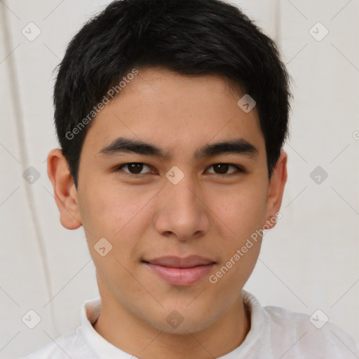 Joyful asian young-adult male with short  brown hair and brown eyes