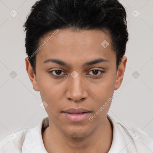 Neutral latino young-adult female with short  black hair and brown eyes