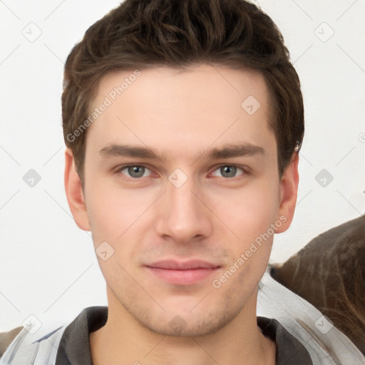 Neutral white young-adult male with short  brown hair and brown eyes