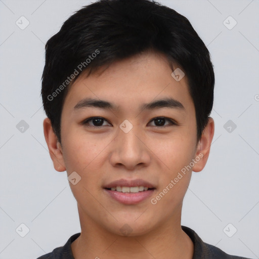 Joyful asian young-adult male with short  black hair and brown eyes