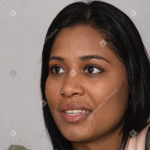 Joyful asian young-adult female with medium  black hair and brown eyes