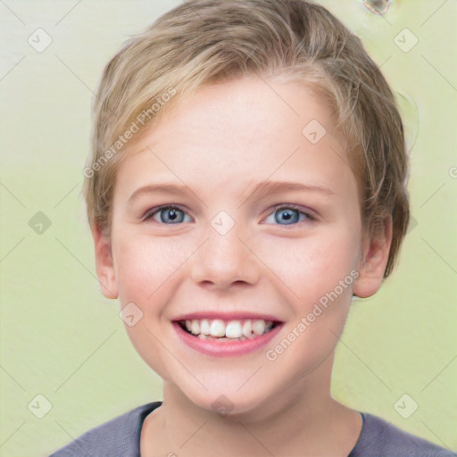 Joyful white child female with short  brown hair and blue eyes