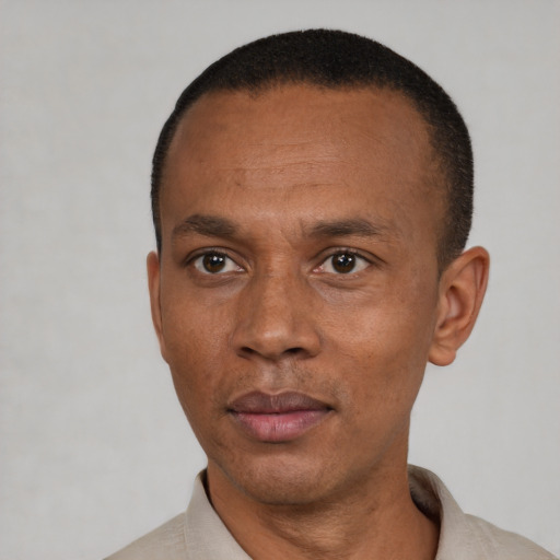 Neutral black adult male with short  black hair and brown eyes