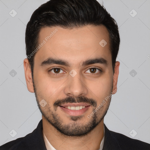 Joyful white young-adult male with short  black hair and brown eyes