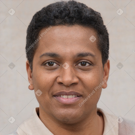 Joyful latino young-adult male with short  brown hair and brown eyes