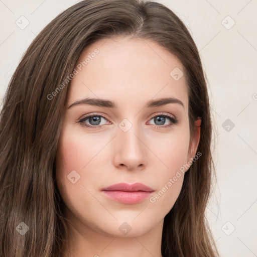 Neutral white young-adult female with long  brown hair and grey eyes