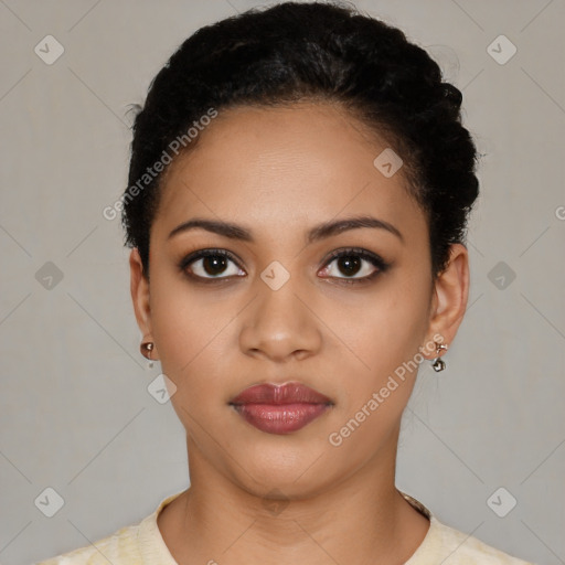 Neutral latino young-adult female with short  black hair and brown eyes