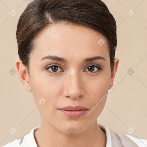 Neutral white young-adult female with short  brown hair and brown eyes