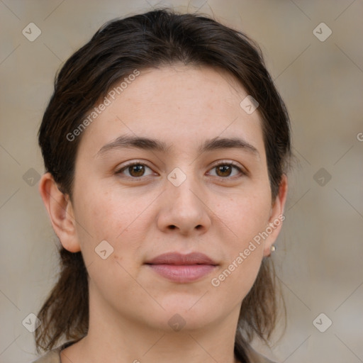 Neutral white young-adult female with medium  brown hair and brown eyes