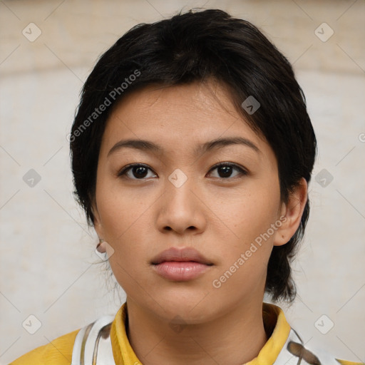 Neutral asian young-adult female with medium  brown hair and brown eyes