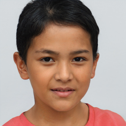 Joyful asian child female with short  brown hair and brown eyes