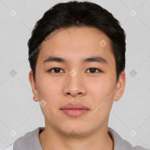 Neutral asian young-adult male with short  brown hair and brown eyes