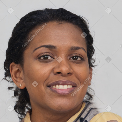 Joyful black young-adult female with medium  brown hair and brown eyes