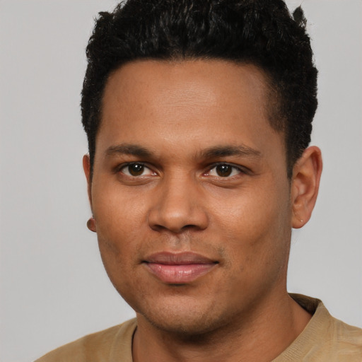 Neutral white young-adult male with short  black hair and brown eyes