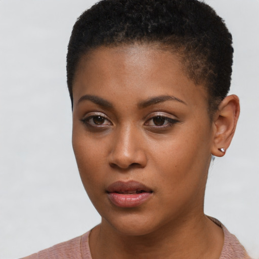 Neutral black young-adult female with short  brown hair and brown eyes